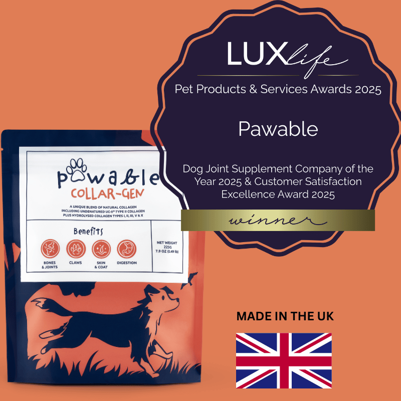 Pawable Collagen for Dogs packet featuring Lux Life Dog Joint Supplement Company award sticker.