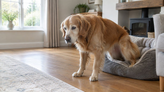 Older golden retriever easing itself up out of a dog bed on a wooden floor, weight on its front legs and hind legs still braced
