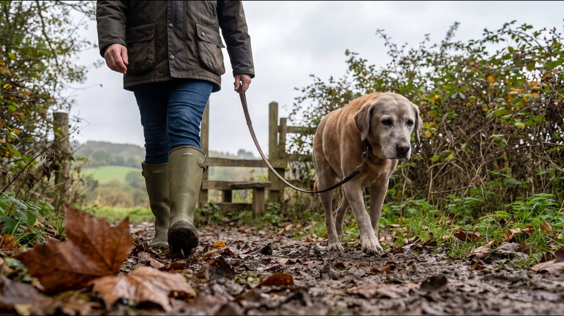Senior Labrador with a grey muzzle walking slowly on a lead alongside its owner on an autumn countryside footpath