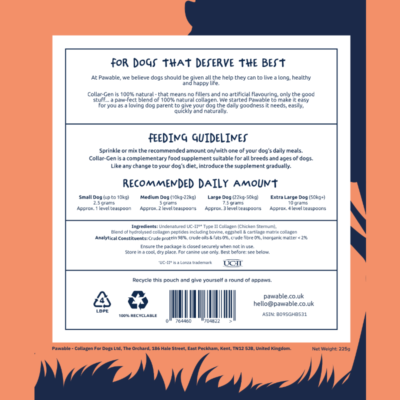 Pawable Collagen for Dogs feeding guidelines, recommended amounts, and recycling information.
